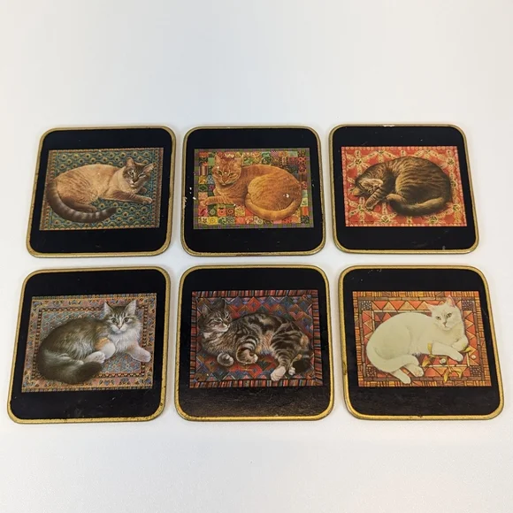 Set of 6 Cats By Lesley Anne Ivory 1989 Vintage Clover Leaf Coasters - Picture 1 of 6